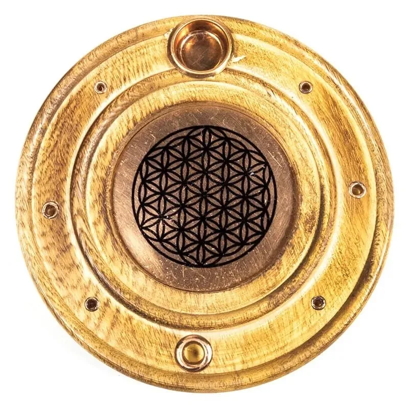 Røkelseholder rund med flower of life symbol. Passer ril pinner og kjegler