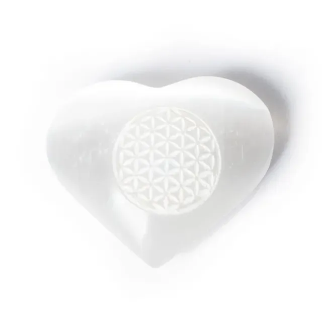Selenitt hjerte med symbol Flower of life