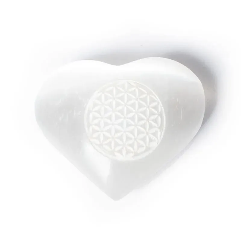 selenitt hjerte med flower of life symbol ca 5 cm