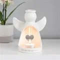 Nydelig engel til t lys med tekst "Feathers appear when angels are near", les mer I vår nettbutikk www.engleshop.no