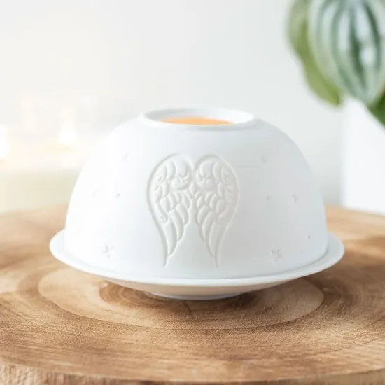 telysholder hvit  i keramikk med motiv av englevinge og stjerner. www.engleshop.no