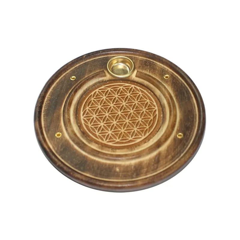Røkelsesholder i tre med floker of life symbol. Passer til røkelsespinner og kjegler.