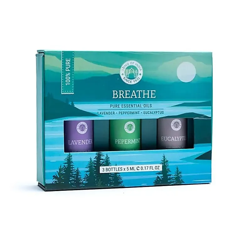 Eteriske Oljer "Breathe" inneholder 3 stk 5ml flasker. 1 Lavendel, 1 Peppermynte og en Eucalyptus. 100% rene eteriske oljer fra Song of India.