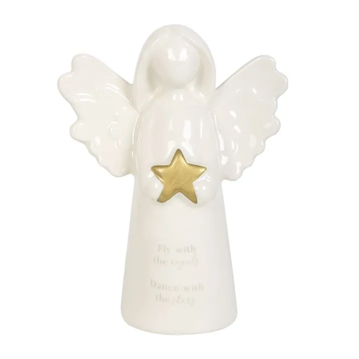 Keramikk engel med gullstjerne i hånden, Tekst "Fly with the angels, Dance with the stars"