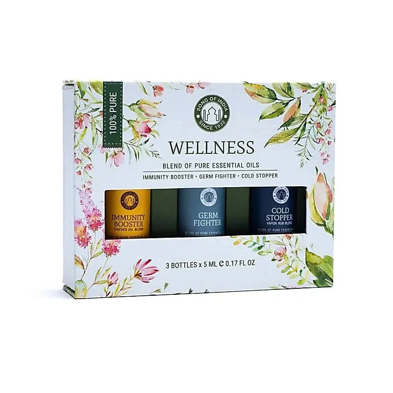 Wellness-kolleksjonen fra Song of India er en unik samling av tre eteriske oljeblandinger, designet for å styrke immunforsvaret og fremme generell helse